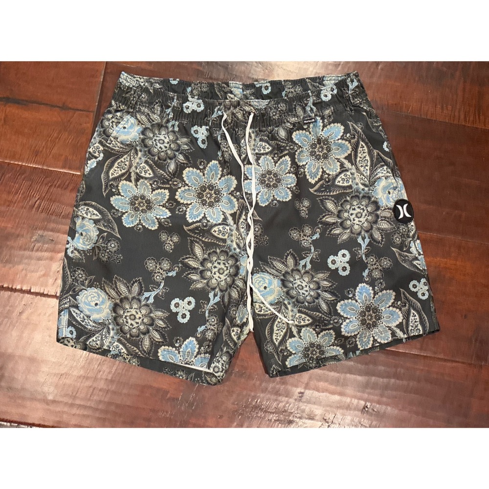 Hurley‎ Board Shorts Mens Size M Grey Blue Floral Paisley Elastic Waist